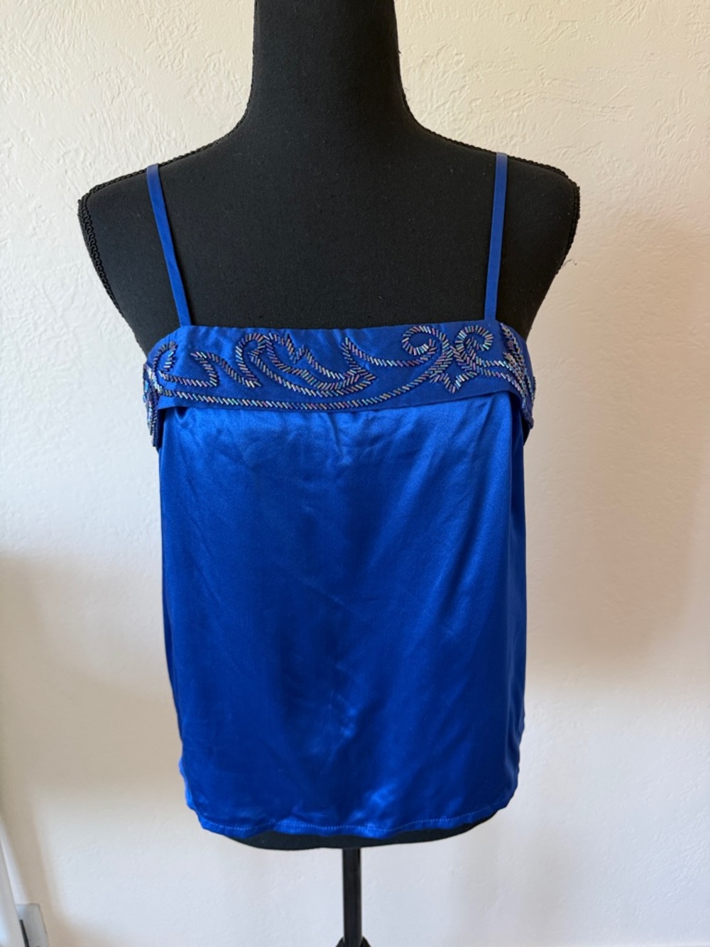 Vintage Silk Royal Blue Embellished Satin Spaghetti Strap TopSize 8